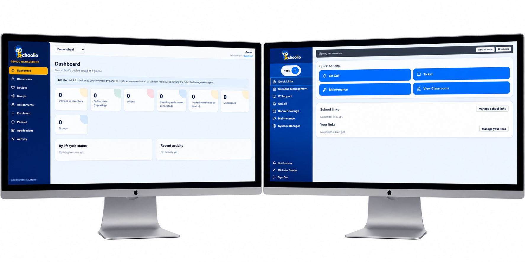 Schoolio Device Management and school dashboard on two monitors